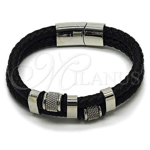 Stainless Steel Fancy Bracelet, Black Leather Finish, Steel Finish, 03.449.0001.09 (Thickness, 9 Inches Length)