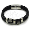 Stainless Steel Fancy Bracelet, Black Leather Finish, Steel Finish, 03.449.0001.09 (Thickness, 9 Inches Length)