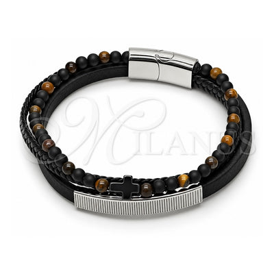 Stainless Steel Fancy Bracelet, Cross and Ball Design, Black Leather Finish, Steel Finish, 03.449.0002.09 (21 MM Thickness, 9 Inches Length)