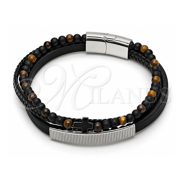 Stainless Steel Fancy Bracelet, Cross and Ball Design, Black Leather Finish, Steel Finish, 03.449.0002.09 (21 MM Thickness, 9 Inches Length)