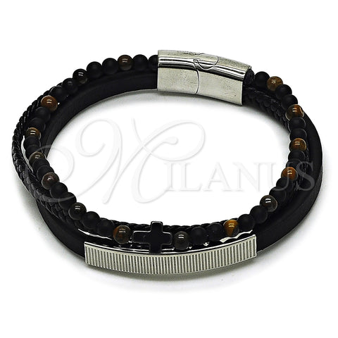 Stainless Steel Fancy Bracelet, Cross and Ball Design, Black Leather Finish, Steel Finish, 03.449.0002.09 (21 MM Thickness, 9 Inches Length)