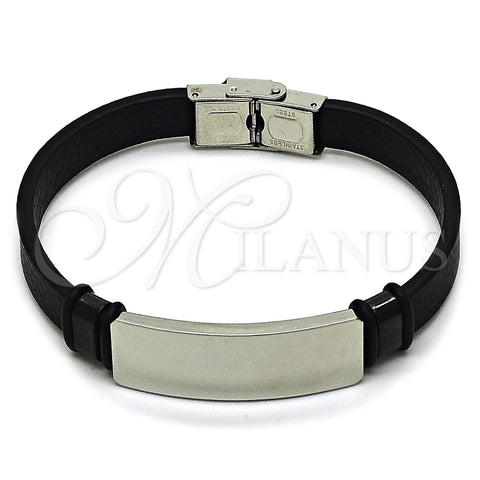 Stainless Steel ID Bracelet, Black Leather Finish, Steel Finish, 03.449.0003.09 (15 MM Thickness, 9 Inches Length)