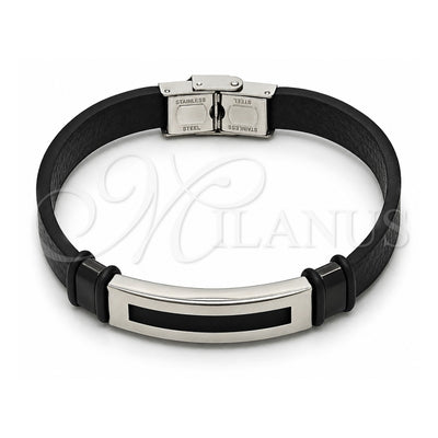 Stainless Steel ID Bracelet, Black Leather Finish, Steel Finish, 03.449.0004.09 (12 MM Thickness, 9 Inches Length)