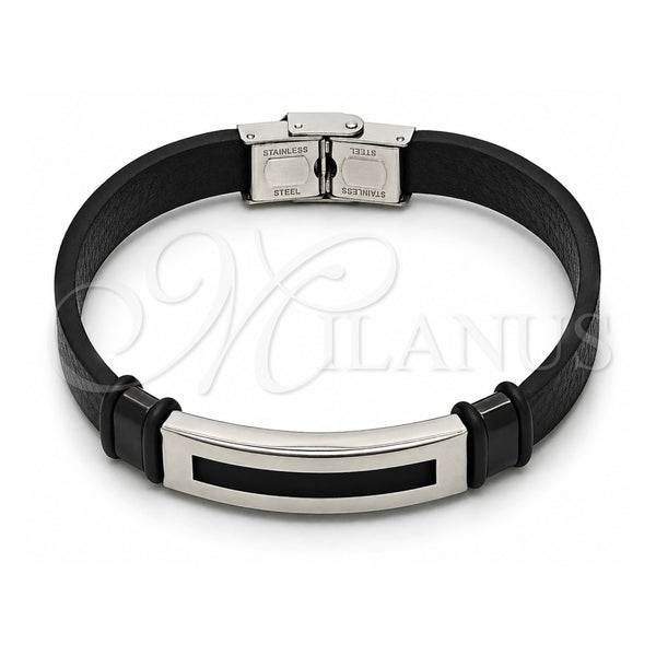 Stainless Steel ID Bracelet, Black Leather Finish, Steel Finish, 03.449.0004.09 (12 MM Thickness, 9 Inches Length)