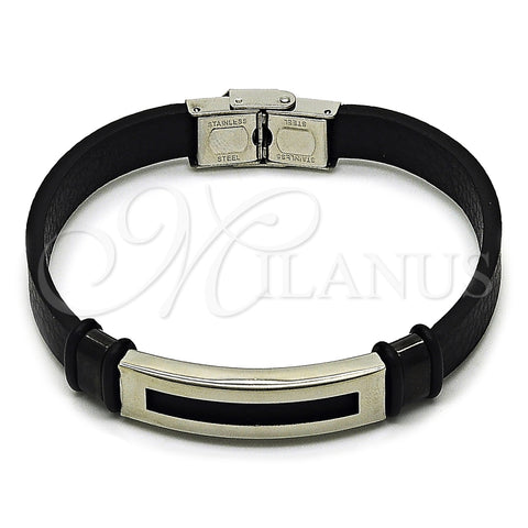 Stainless Steel ID Bracelet, Black Leather Finish, Steel Finish, 03.449.0004.09 (12 MM Thickness, 9 Inches Length)