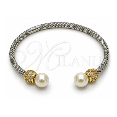 Stainless Steel Individual Bangle, Twist and Ball Design, with Ivory Pearl and White Micro Pave, Polished, Two Tone, 07.138.0035 (04 MM Thickness, One size fits all)
