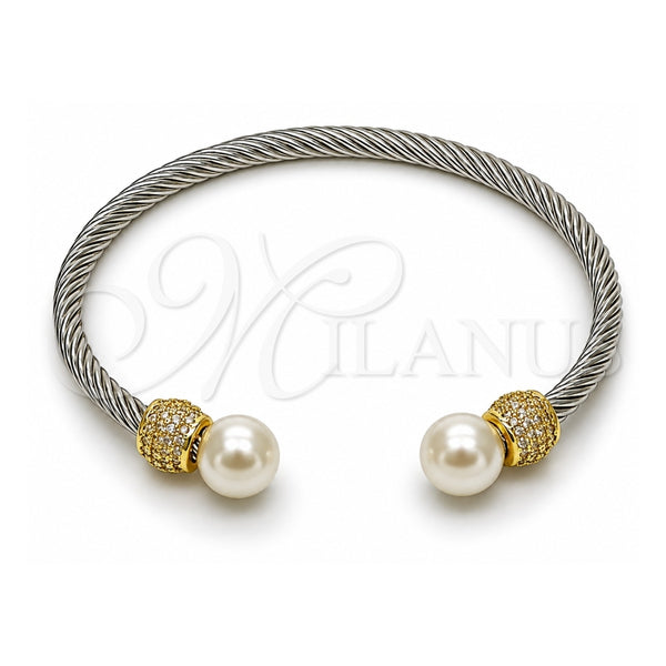Stainless Steel Individual Bangle, Twist and Ball Design, with Ivory Pearl and White Micro Pave, Polished, Two Tone, 07.138.0035 (04 MM Thickness, One size fits all)
