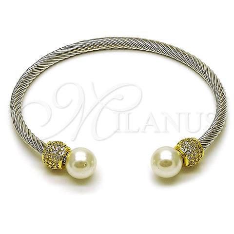 Stainless Steel Individual Bangle, Twist and Ball Design, with Ivory Pearl and White Micro Pave, Polished, Steel Finish, 07.138.0035 (04 MM Thickness, One size fits all)