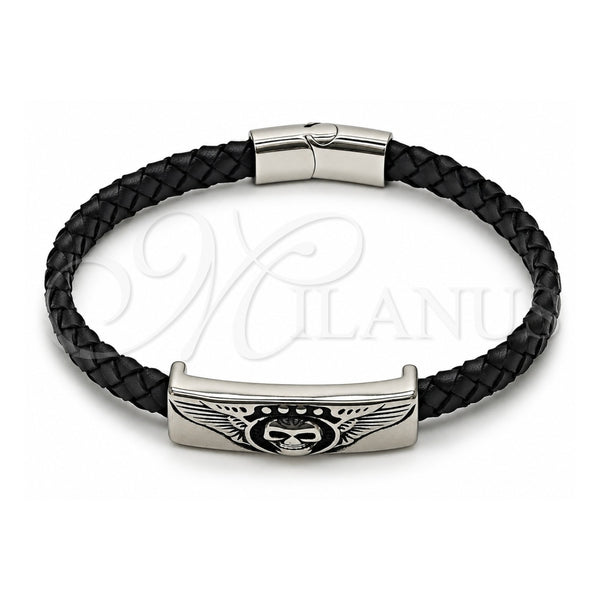 Stainless Steel Fancy Bracelet, Skull and Wings Design, Black Leather Finish, Steel Finish, 03.450.0001.09 (08 MM Thickness, 9 Inches Length)