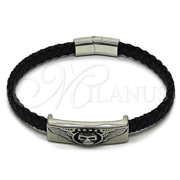 Stainless Steel Fancy Bracelet, Skull and Wings Design, Black Leather Finish, Steel Finish, 03.450.0001.09 (08 MM Thickness, 9 Inches Length)