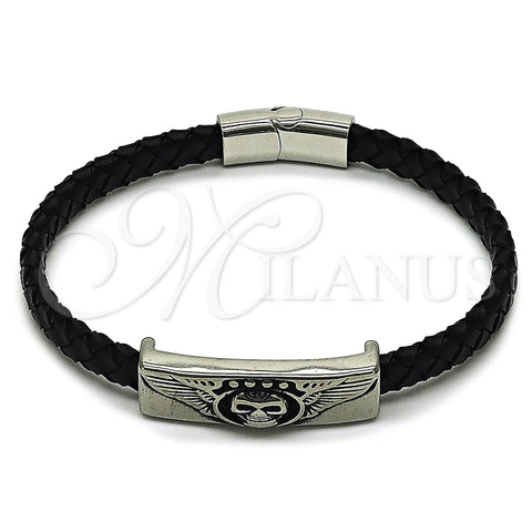 Stainless Steel Fancy Bracelet, Skull and Wings Design, Black Leather Finish, Steel Finish, 03.450.0001.09 (08 MM Thickness, 9 Inches Length)