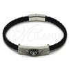 Stainless Steel Fancy Bracelet, Skull and Wings Design, Black Leather Finish, Steel Finish, 03.450.0001.09 (08 MM Thickness, 9 Inches Length)