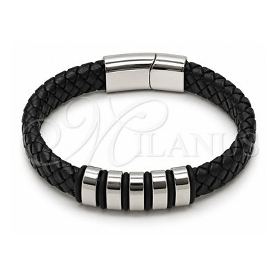 Stainless Steel Fancy Bracelet, Black Leather Finish, Steel Finish, 03.450.0003.09 (Thickness, 9 Inches Length)