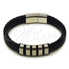 Stainless Steel Fancy Bracelet, Black Leather Finish, Steel Finish, 03.450.0003.09 (Thickness, 9 Inches Length)