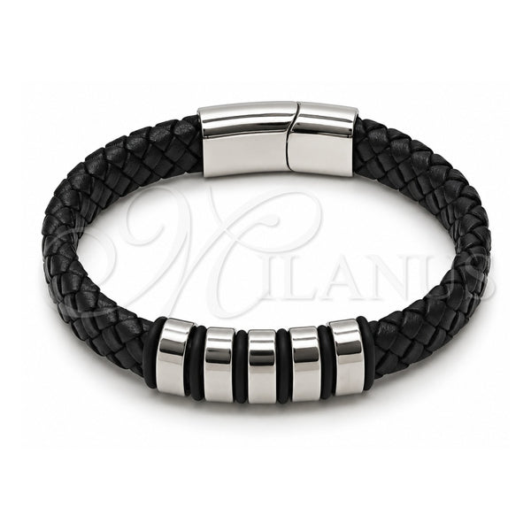 Stainless Steel Fancy Bracelet, Black Leather Finish, Steel Finish, 03.450.0003.09 (Thickness, 9 Inches Length)