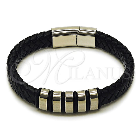Stainless Steel Fancy Bracelet, Black Leather Finish, Steel Finish, 03.450.0003.09 (Thickness, 9 Inches Length)