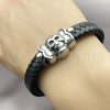 Stainless Steel Fancy Bracelet, Skull Design, Black Leather Finish, Steel Finish, 03.450.0004.09 (12 MM Thickness, 9 Inches Length)