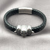Stainless Steel Fancy Bracelet, Skull Design, Black Leather Finish, Steel Finish, 03.450.0004.09 (12 MM Thickness, 9 Inches Length)