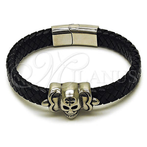 Stainless Steel Bracelet — Fancy Bracelet Skull Design Black Leather 03. 12 — main product view — SKU 164344 | Acero Inoxidable brazalete — elegante Bracelet Skull diseño negro Leather 03. 12 — SKU 164344