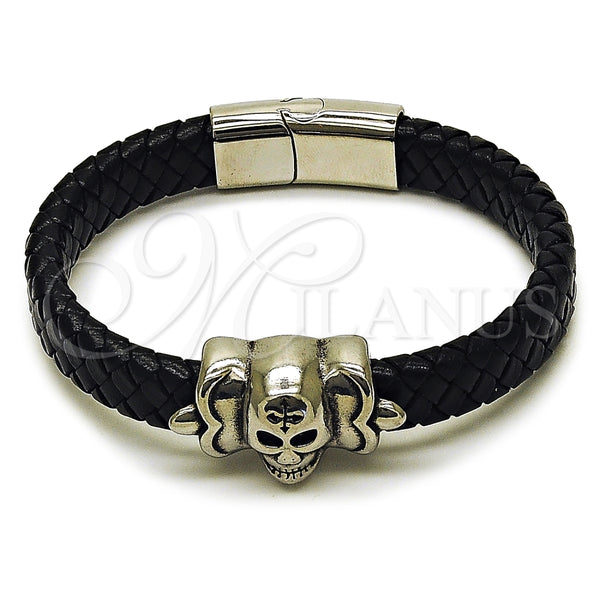 Stainless Steel Bracelet — Fancy Bracelet Skull Design Black Leather 03. 12 — main product view — SKU 164344 | Acero Inoxidable brazalete — elegante Bracelet Skull diseño negro Leather 03. 12 — SKU 164344