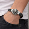 Stainless Steel Fancy Bracelet, Lion Design, Black Leather Finish, Steel Finish, 03.450.0005.09 (Thickness, 9 Inches Length)