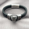 Stainless Steel Fancy Bracelet, Lion Design, Black Leather Finish, Steel Finish, 03.450.0005.09 (Thickness, 9 Inches Length)