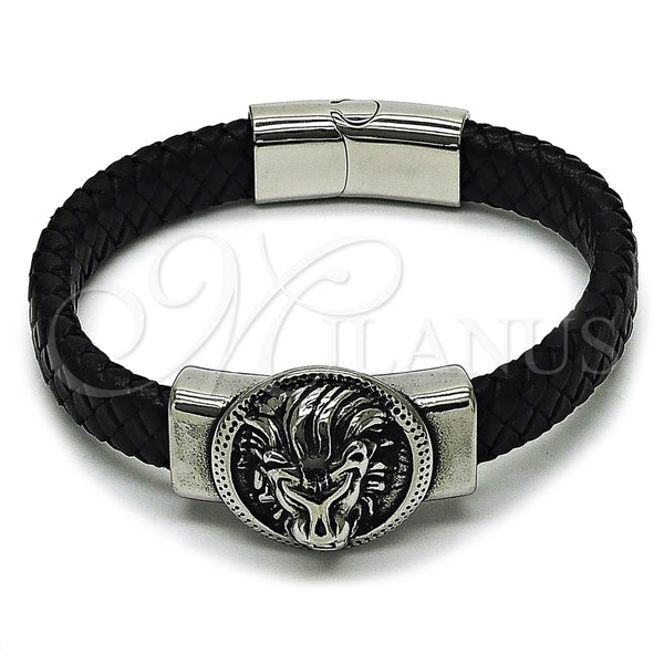 Stainless Steel Bracelet — Fancy Bracelet Lion Design Black Leather 03. Thickness — main product view — SKU 164345 | Acero Inoxidable brazalete — elegante Bracelet Lion diseño negro Leather 03. Thickness — SKU 164345
