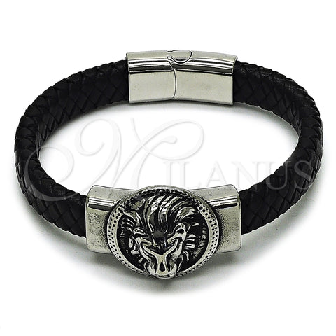 Stainless Steel Fancy Bracelet, Lion Design, Black Leather Finish, Steel Finish, 03.450.0005.09 (Thickness, 9 Inches Length)