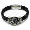 Stainless Steel Fancy Bracelet, Lion Design, Black Leather Finish, Steel Finish, 03.450.0005.09 (Thickness, 9 Inches Length)