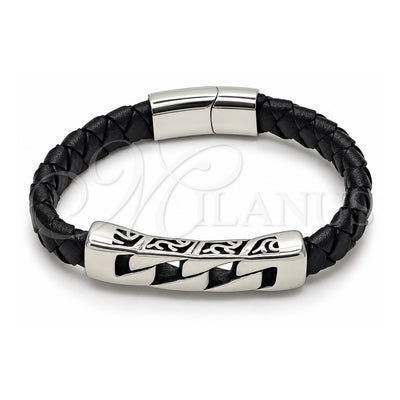 Stainless Steel Fancy Bracelet, Miami Cuban Design, Black Leather Finish, Steel Finish, 03.450.0006.09 (Thickness, 9 Inches Length)