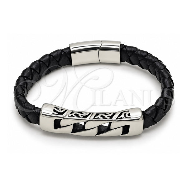Stainless Steel Fancy Bracelet, Miami Cuban Design, Black Leather Finish, Steel Finish, 03.450.0006.09 (Thickness, 9 Inches Length)