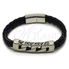 Stainless Steel Fancy Bracelet, Miami Cuban Design, Black Leather Finish, Steel Finish, 03.450.0006.09 (Thickness, 9 Inches Length)