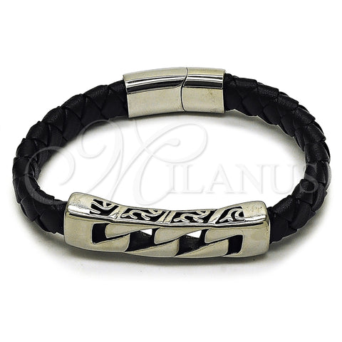 Stainless Steel Fancy Bracelet, Miami Cuban Design, Black Leather Finish, Steel Finish, 03.450.0006.09 (Thickness, 9 Inches Length)
