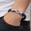 Stainless Steel Fancy Bracelet, Belt Buckle Design, Black Leather Finish, Steel Finish, 03.450.0007.09 (Thickness, 9 Inches Length)