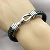 Stainless Steel Fancy Bracelet, Belt Buckle Design, Black Leather Finish, Steel Finish, 03.450.0007.09 (Thickness, 9 Inches Length)