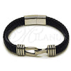 Stainless Steel Fancy Bracelet, Belt Buckle Design, Black Leather Finish, Steel Finish, 03.450.0007.09 (Thickness, 9 Inches Length)