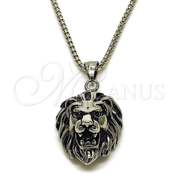 Stainless Steel Pendant Necklace, Lion Design, Polished, Steel Finish, 04.451.0003.24 (03 MM Thickness, 24 Inches Length)