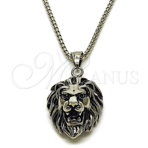 Stainless Steel Pendant Necklace, Lion Design, Polished, Steel Finish, 04.451.0003.24 (03 MM Thickness, 24 Inches Length)
