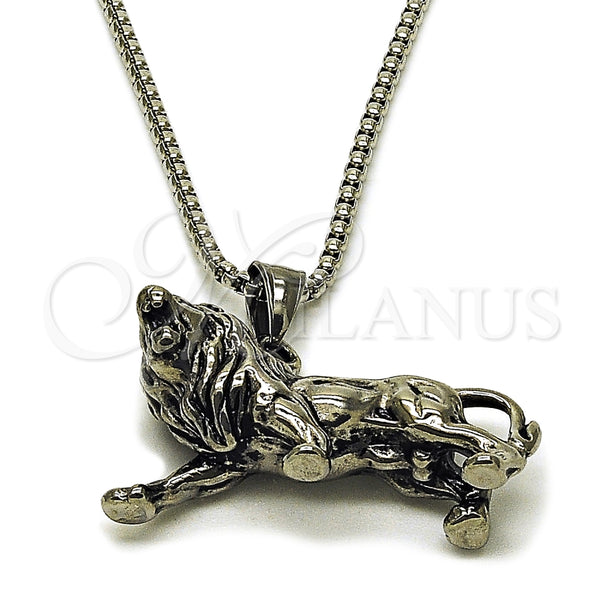 Stainless Steel Pendant Necklace, Lion Design, Polished, Steel Finish, 04.451.0011.24 (03 MM Thickness, 24 Inches Length)