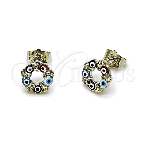 Rhodium Plated Stud Earring, Evil Eye Design, with White Micro Pave, Multicolor Enamel Finish, Rhodium Finish, 02.310.0115