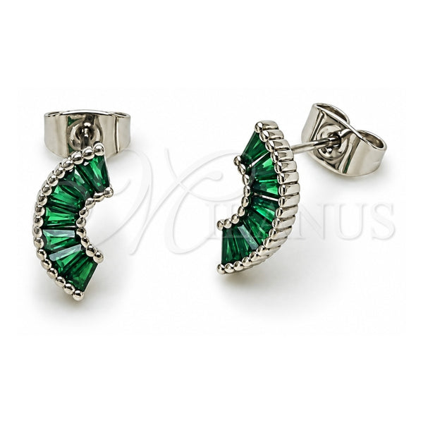White Gold Filled Stud Earring, Baguette Design, with Green Cubic Zirconia, Polished, Rhodium Finish, 02.310.0119