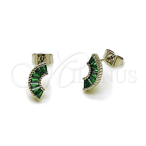 Rhodium Gold Filled Stud Earring, Baguette Design, with Green Cubic Zirconia, Polished, Rhodium Finish, 02.310.0119