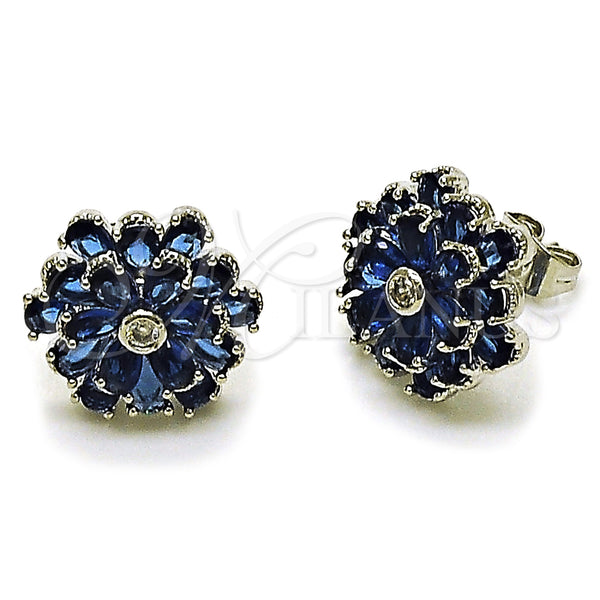 Rhodium Gold Filled Stud Earring, Flower Design, with Sapphire Blue and White Cubic Zirconia, Polished, Rhodium Finish, 02.452.0004