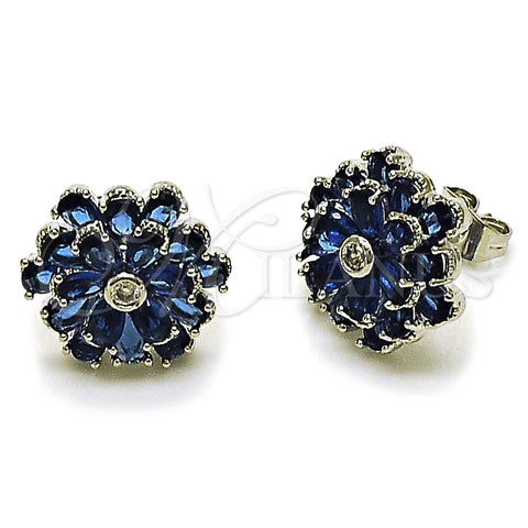 Rhodium Gold Filled Stud Earring, Flower Design, with Sapphire Blue and White Cubic Zirconia, Polished, Rhodium Finish, 02.452.0004