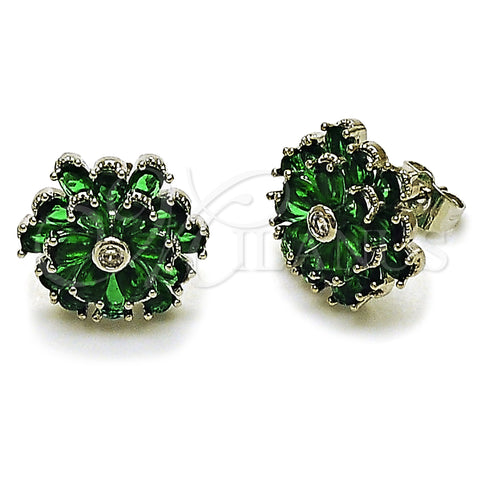 Rhodium Gold Filled Stud Earring, Flower Design, with Green Cubic Zirconia, Polished, Rhodium Finish, 02.452.0004.1