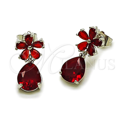 Rhodium Plated Stud Earring, Flower and Teardrop Design, with Garnet Cubic Zirconia, Polished, Rhodium Finish, 02.452.0005