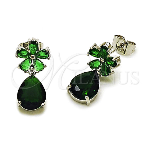 Rhodium Plated Stud Earring, Flower and Teardrop Design, with Green Cubic Zirconia, Polished, Rhodium Finish, 02.452.0005.1