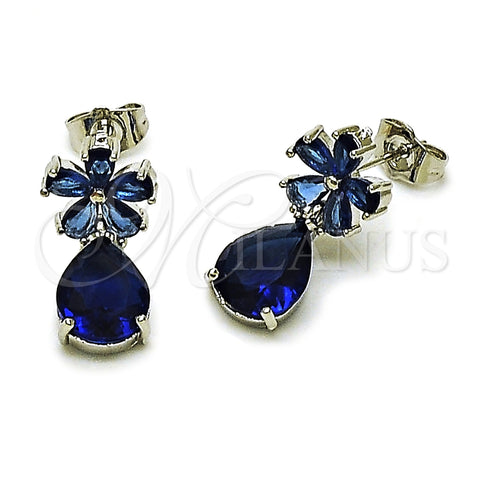 Rhodium Plated Stud Earring, Flower and Teardrop Design, with Sapphire Blue Cubic Zirconia, Polished, Rhodium Finish, 02.452.0005.2