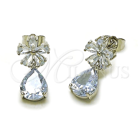 Rhodium Plated Stud Earring, Flower and Teardrop Design, with White Cubic Zirconia, Polished, Rhodium Finish, 02.452.0005.3