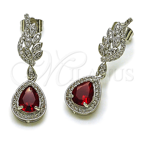 Rhodium Plated Dangle Earring, Teardrop and Wings Design, with Garnet Cubic Zirconia and White Micro Pave, Polished, Rhodium Finish, 02.452.0008.1